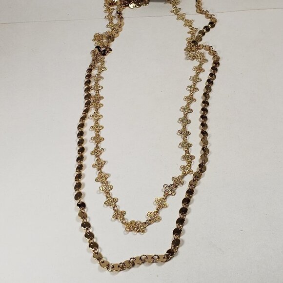 Women's Stunning Gold Fancy-Disc Filigree Clover Layered Long Necklace, 40-inch - Picture 4 of 6